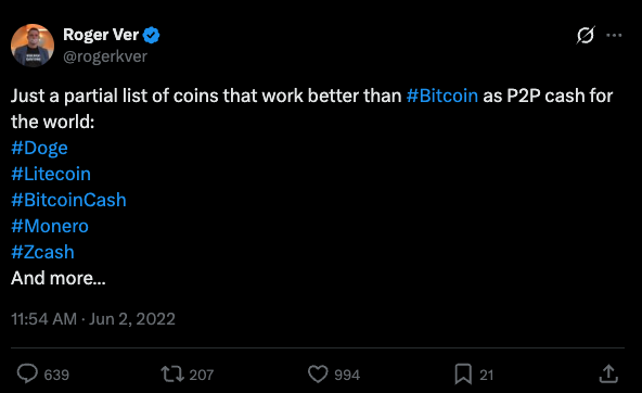 Roger Ver tweet, June 2, 2022