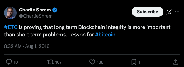 Charlie Shrem tweet, August 1, 2016